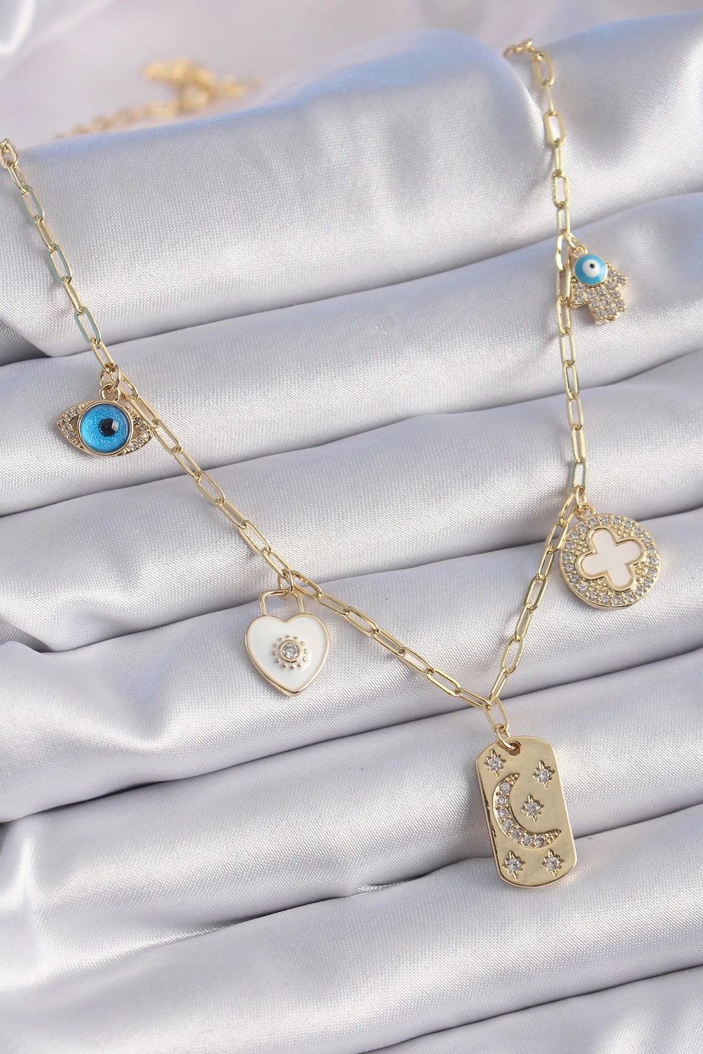 Mey İthalat® Gold Renk Zirkon Taşlı Çoklu Figür Model Şans Kolyesi