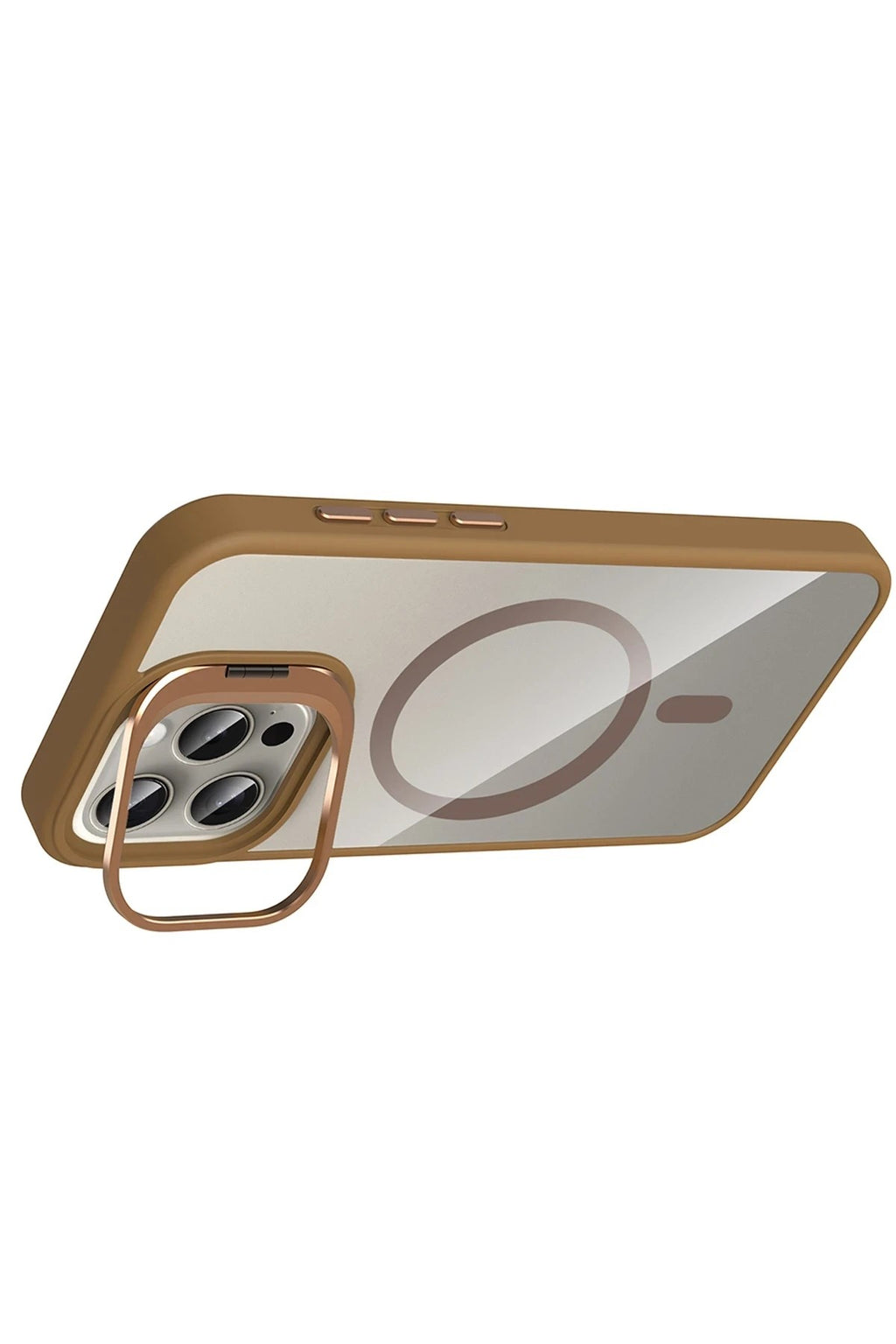 Mey İthalat® iPhone 14 Pro Max Remim Lensli Magsafe Standlı Kapak - Kahverengi