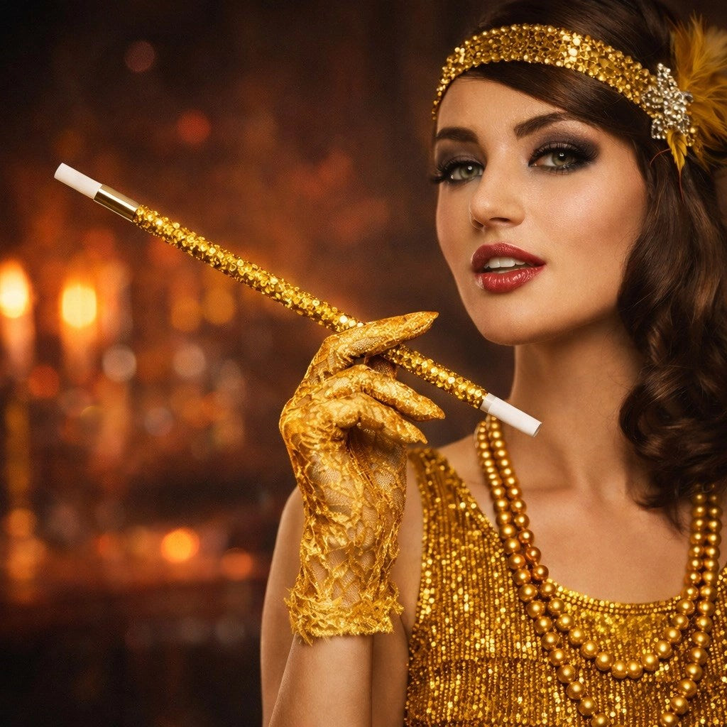 Mey İthalat® 30 cm Altın Gold Payetli Sigara Tutacağı – 1920’ler Gatsby Parti Aksesuarı