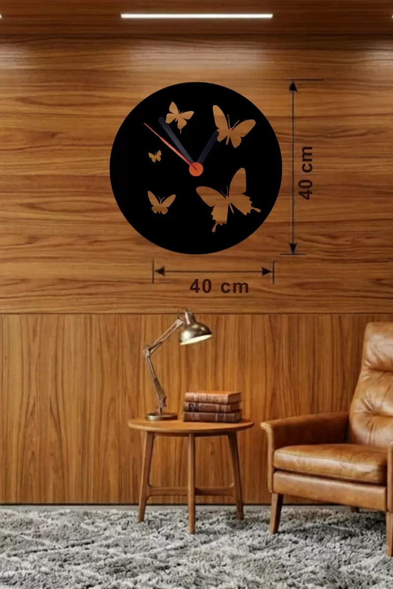 Mey İthalat® Uçuşan Kelebekler Tasarım Ahşap Duvar Saati - 40x40 cm Dekoratif