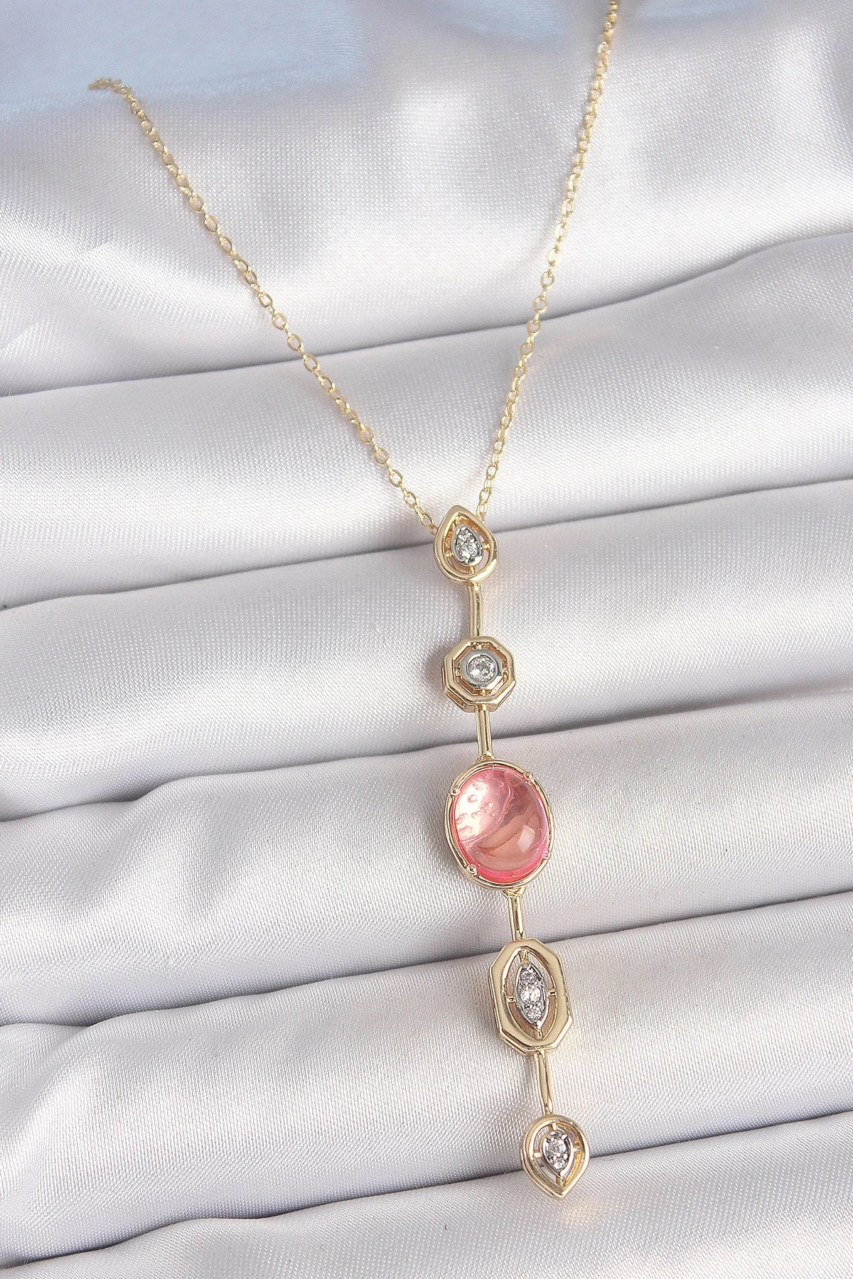 Mey İthalat® Pirinç Zincir Pembe Gold Renk Zirkon Taşlı Y Kolye