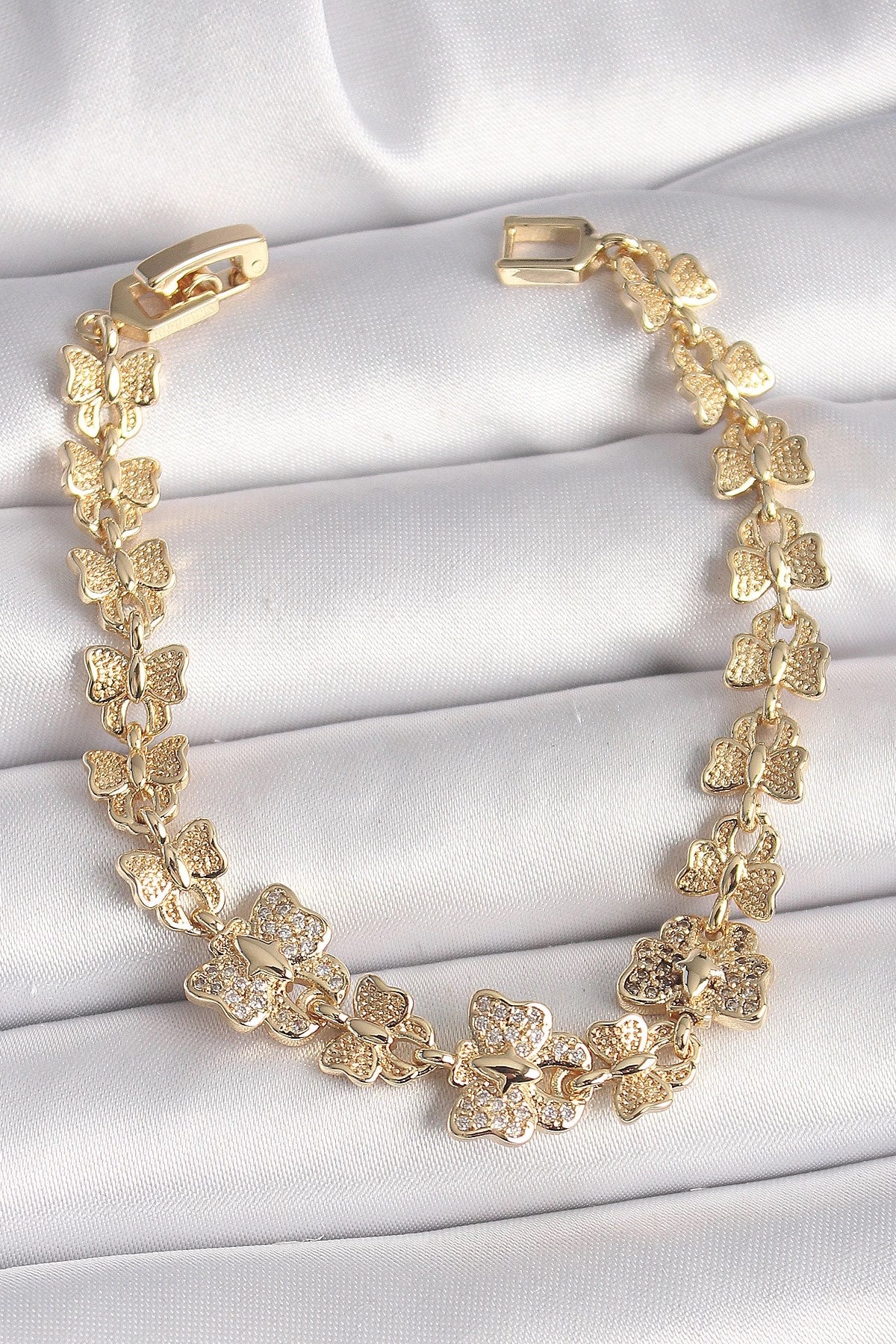Mey İthalat® Pirinç Gold Renk Zirkon Taşlı Kelebek Model Zincir Kadın Bileklik