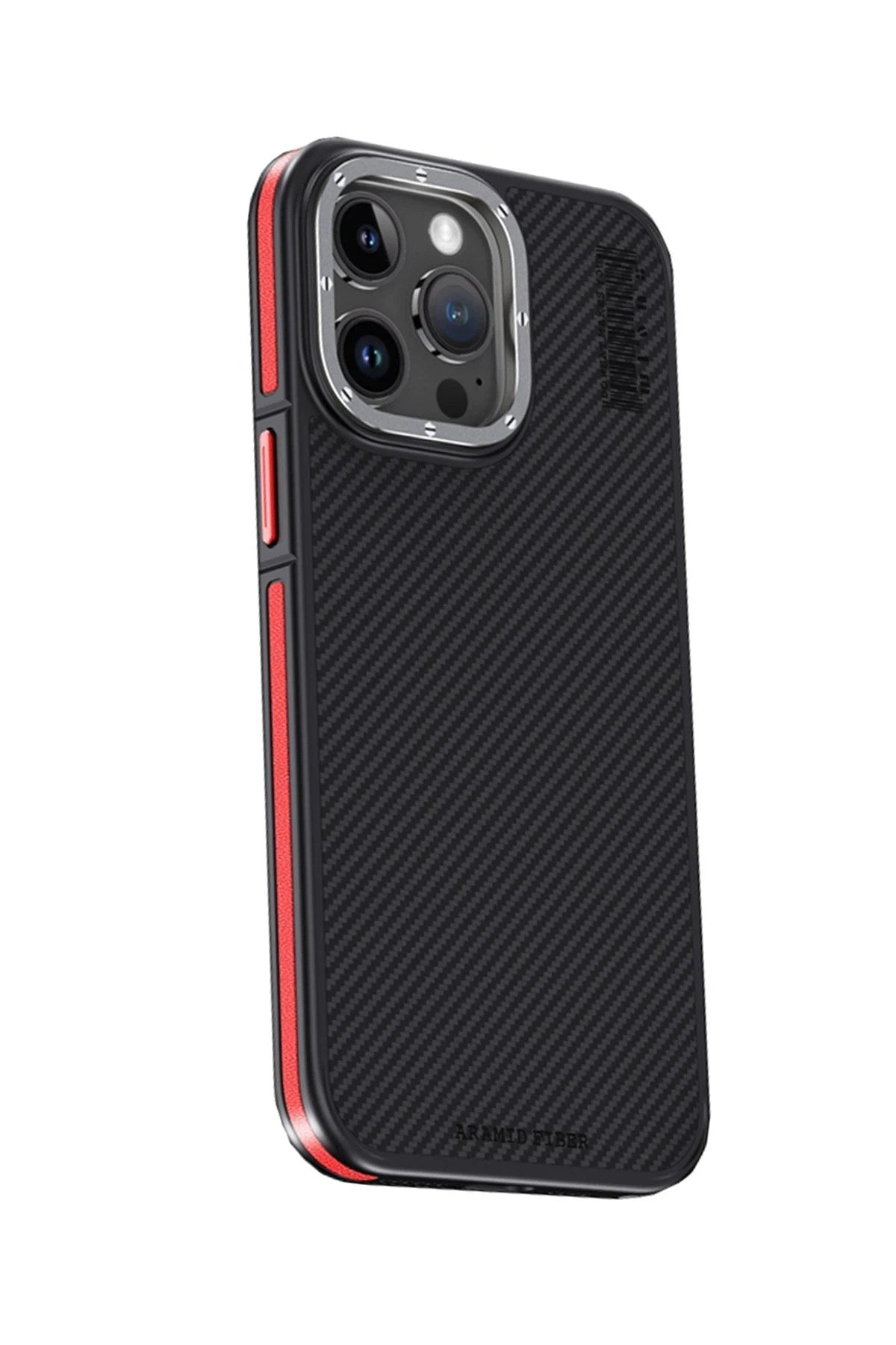 Mey İthalat® iPhone 15 Pro Max Kılıf Aramid 600D Kevlar Karbon Fiber Magsafe Kapak - Kırmızı