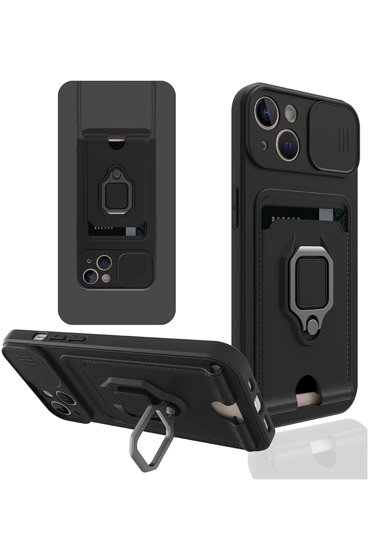 Mey İthalat® iPhone 14 Plus Kılıf Zuma Kartvizitli Yüzüklü Silikon - Siyah