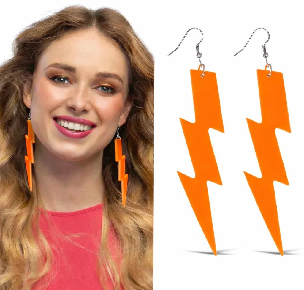 Mey İthalat® 80’ler 90&amp;#39;lar Retro Neon Turuncu Şimşek Küpe 10 cm
