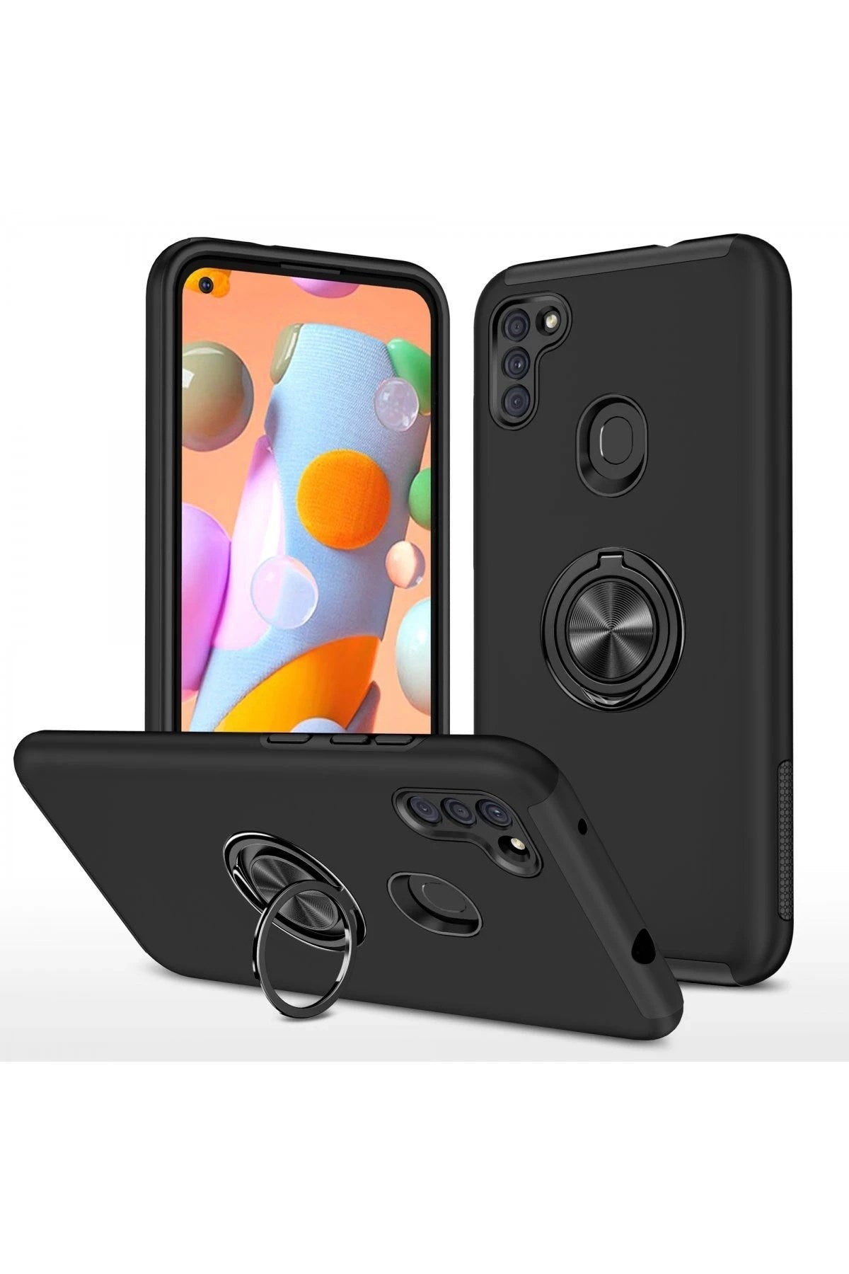 Mey İthalat® Samsung Galaxy A11 Kılıf Elit Yüzüklü Kapak - Siyah