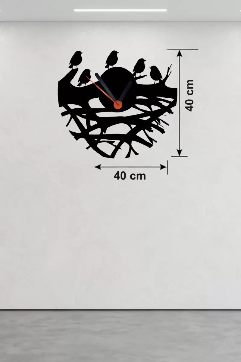 Mey İthalat® Dallarda Kuşlar Tasarım Ahşap Duvar Saati - 40x40 cm Dekoratif Saat