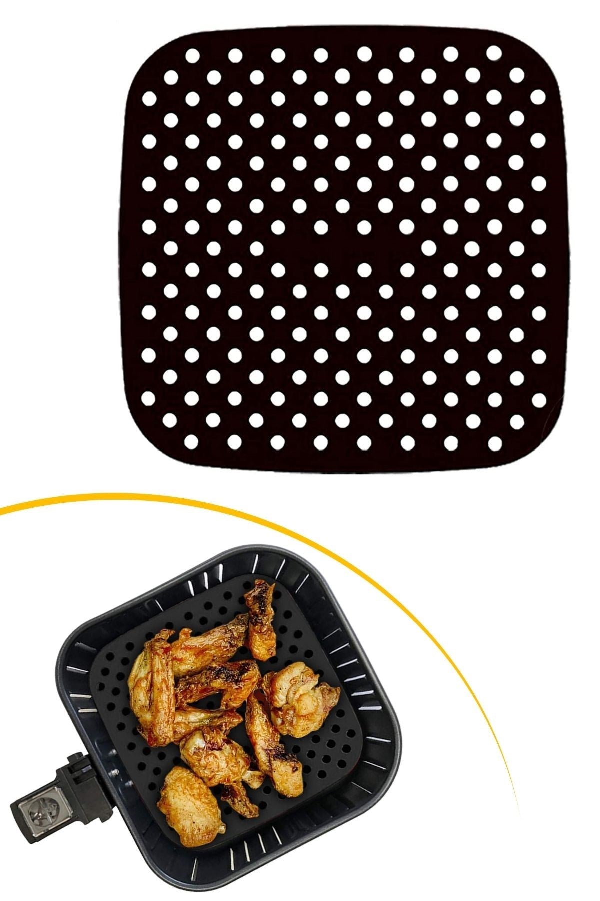 Siyah Isıya Dayanıklı Yıkanılabilir Silikon Fırın Ve Airfryer Kare Model Pişirme Matı 21,5 Cm
