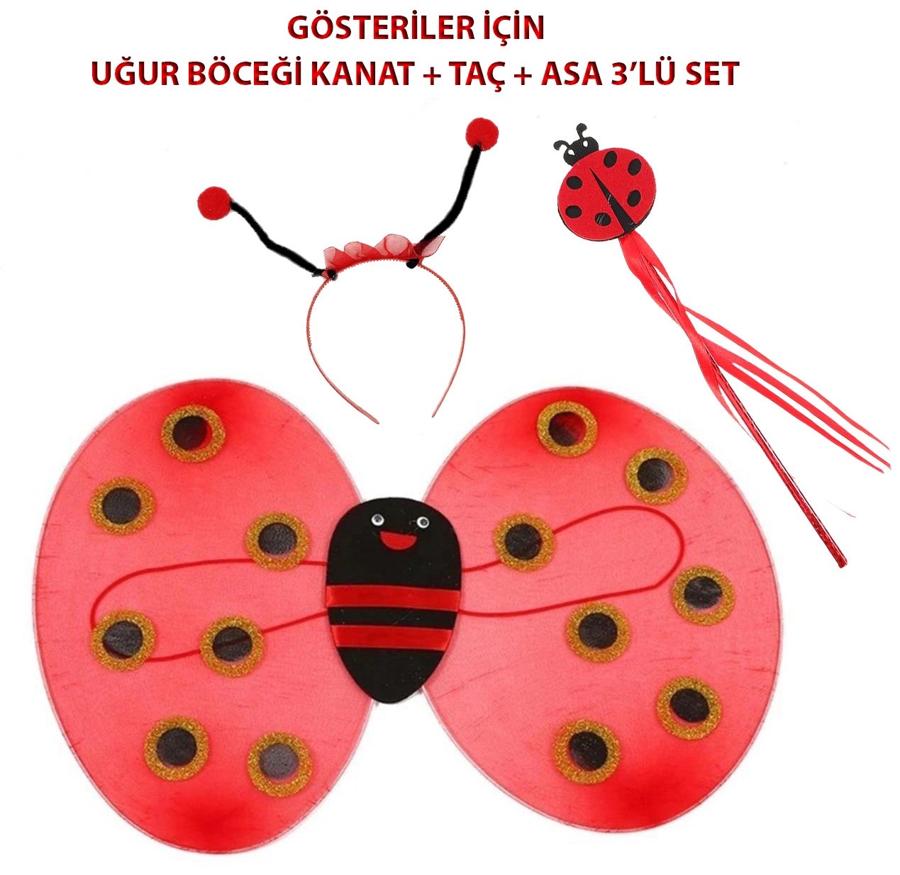 Mey İthalat® Çocuk Gösteri İçin Uğur Böceği Kanat + Taç + Asa 3&amp;#39;lü Kostüm Seti