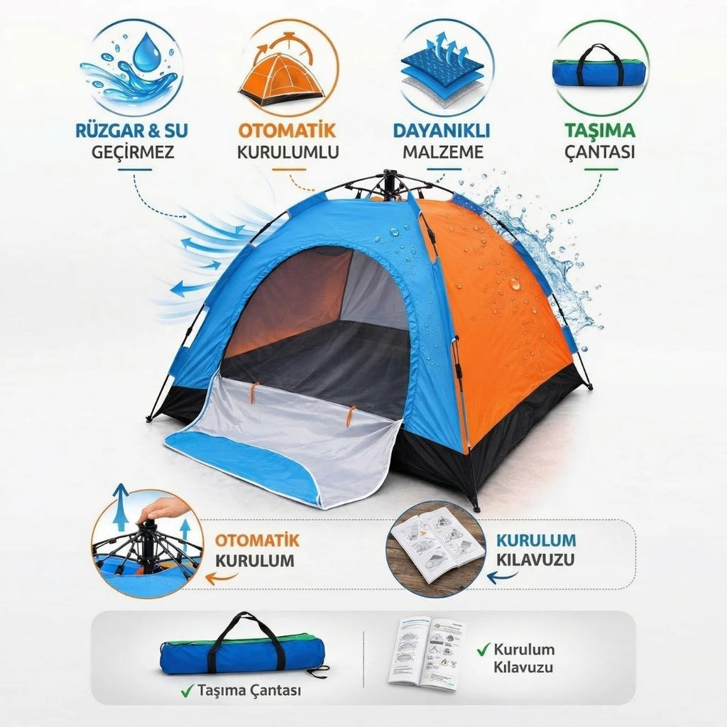 8 Kişilik Otomatik Kurulum Kamp Çadırı – Outdoor , Suya Dayanıklı Hızlı Kurulum Piknik ve Doğa İçin Geniş Aile Çadırı 250x250x165 cm