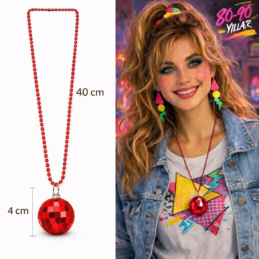 Mey İthalat® Retro Disko Topu Şekilli 80&amp;#39;ler 90&amp;#39;lar Kırmızı Renk Plastik Kolye