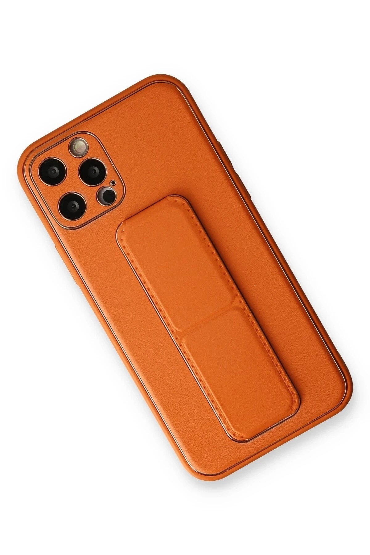 Mey İthalat® iPhone 12 Pro Kılıf Coco Deri Standlı Kapak - Turuncu