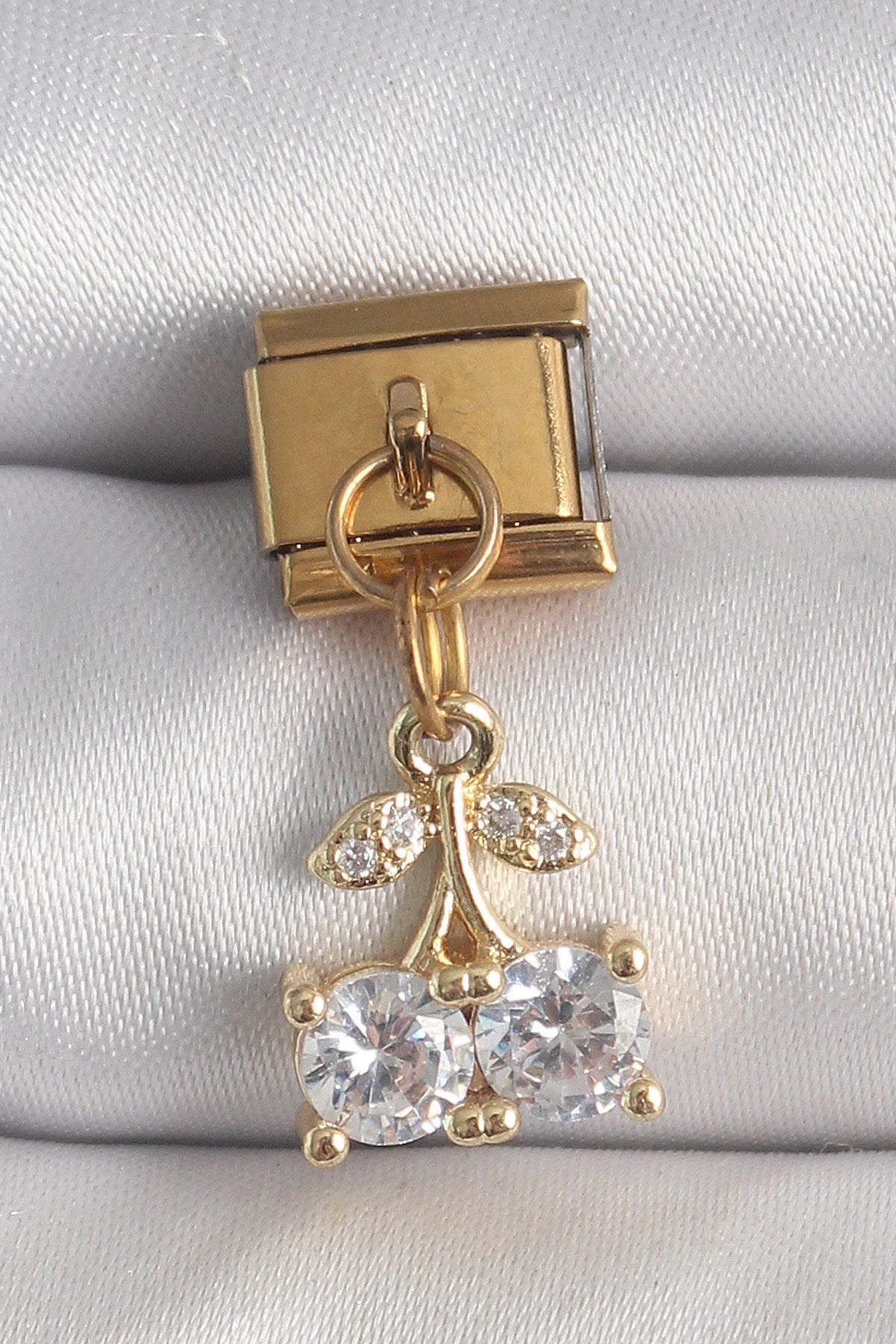 Mey İthalat® 316L Çelik Gold Renk Sallantı Zirkon Taşlı Kiraz Model Nomination Charm