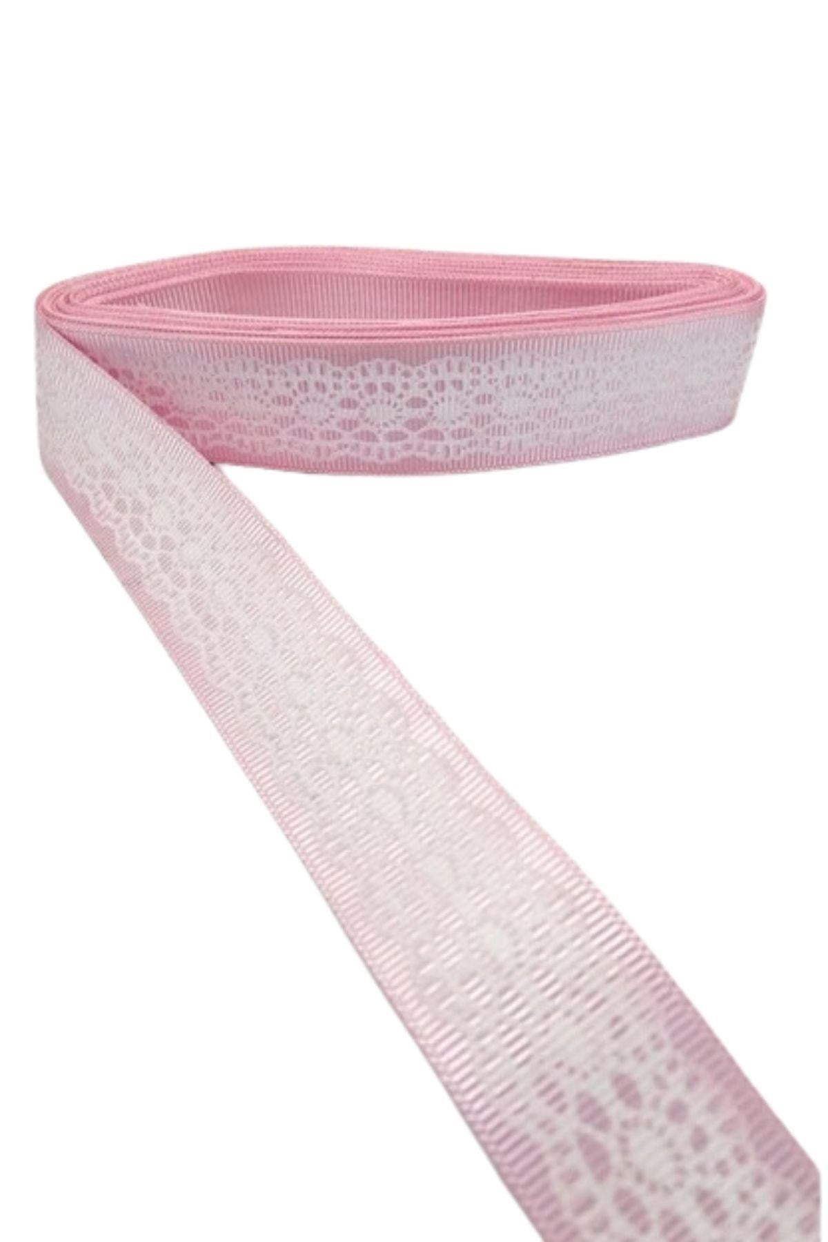 Tafta Dantel Görünümlü Kurdele Pembe 25 Mm 5 Metre