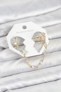 Mey İthalat® Yıldız Model Pirinç Gold Renk Zincir Bağlantılı Ear Cuff Küpe Seti