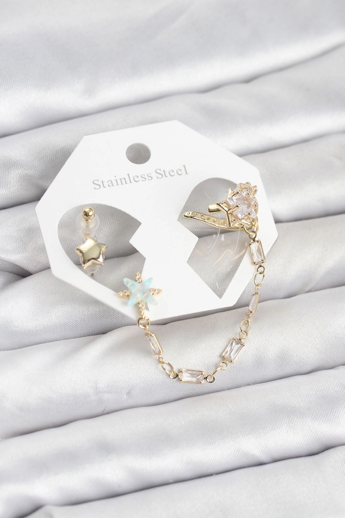 Mey İthalat® Yıldız Model Pirinç Gold Renk Zincir Bağlantılı Ear Cuff Küpe Seti