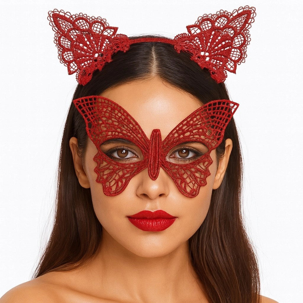 Mey İthalat® Gösterişli Kırmızı Dantel Maske ve Taç Seti 7 No – Masquerade ve Davetler için