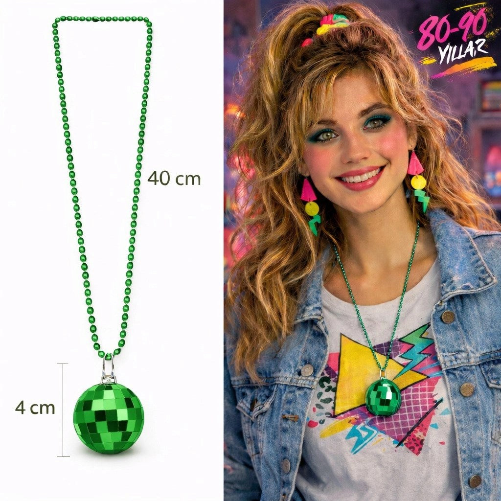 Mey İthalat® Retro Disko Topu Şekilli 80&amp;#39;ler 90&amp;#39;lar Yeşil Renk Plastik Kolye
