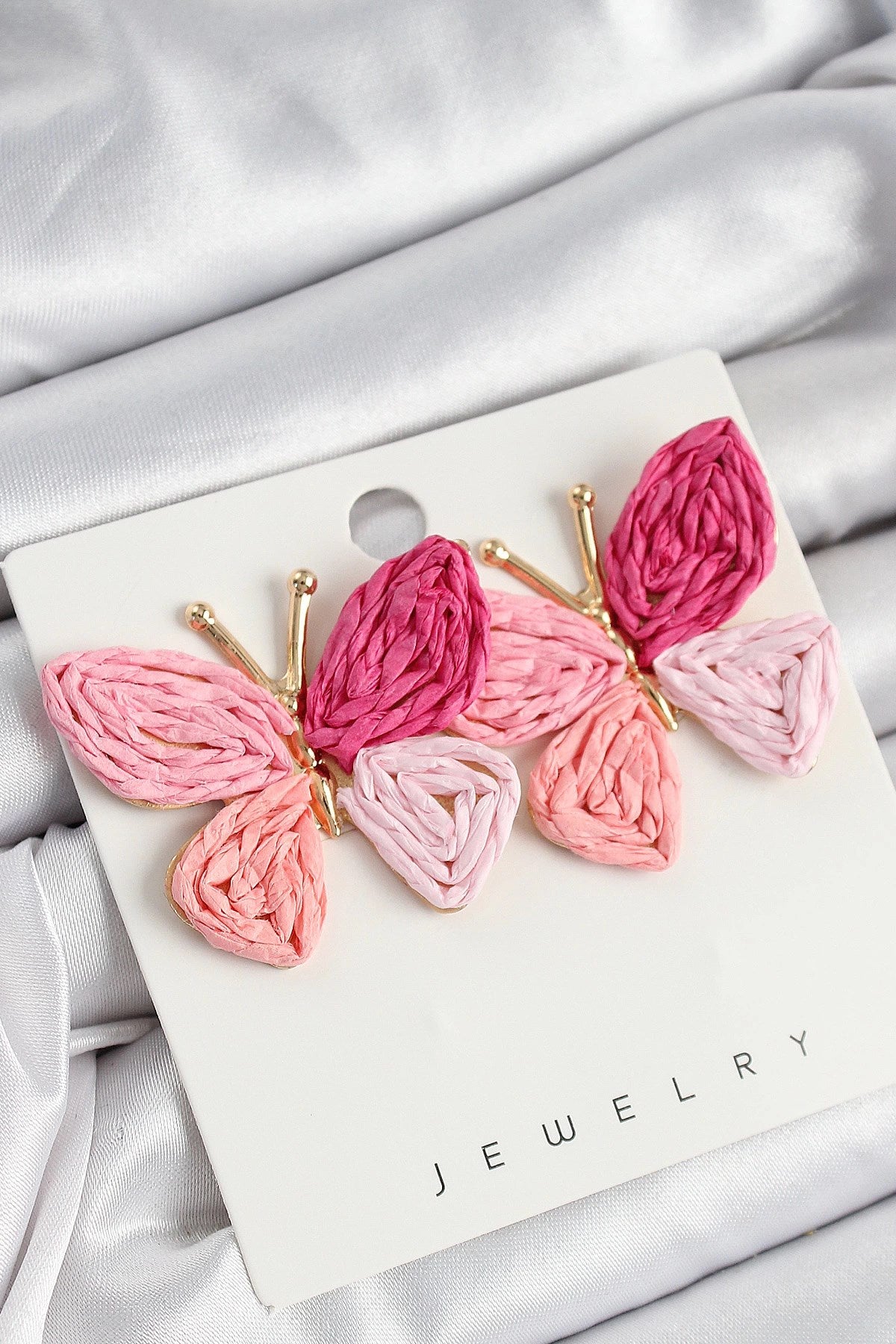 Mey İthalat® Pirinç Pembe Kelebek Model Gold Renk Kadın Hasır Küpe