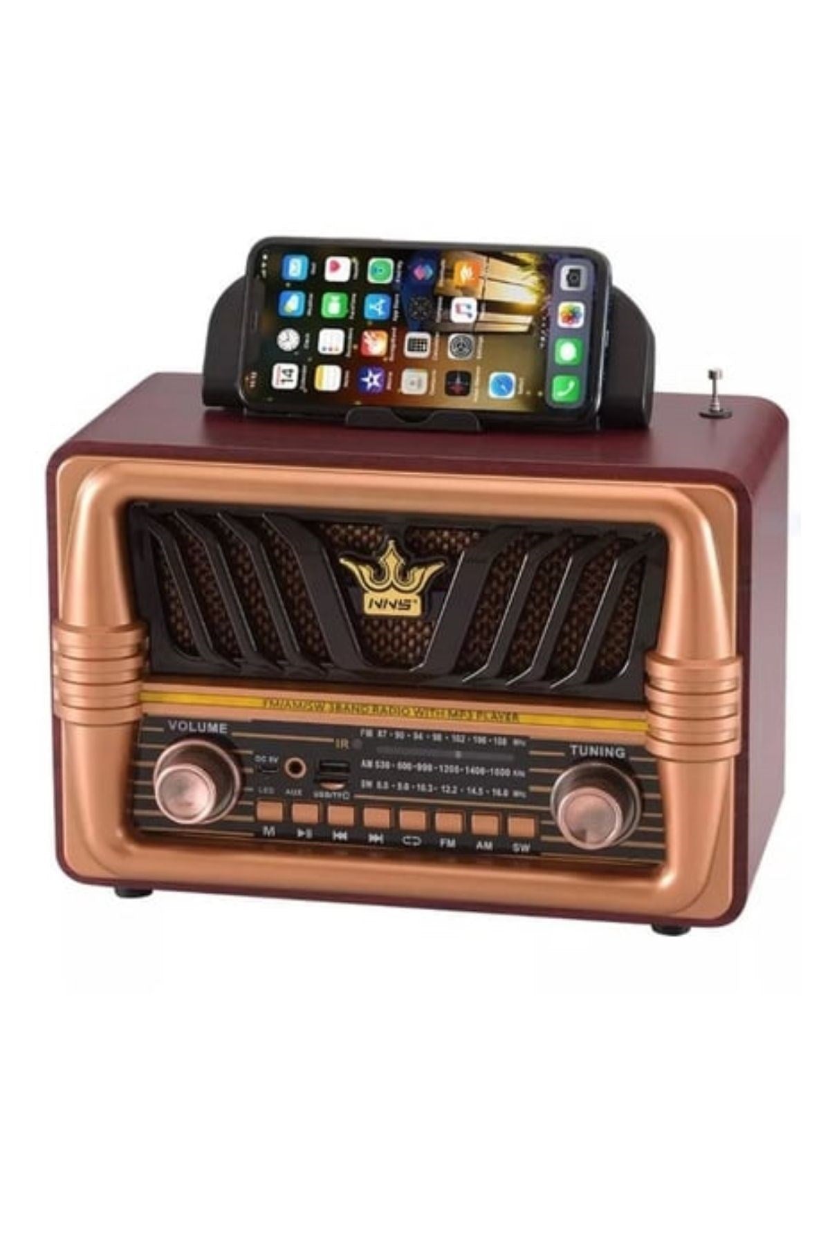 Büyük Boy Telefon Tutma Saplı Retro Ahşap Tasarım Bluetooth Hoparlörlü Radyo – FM/AM Destekli, Şarjlı ve Taşınabilir Radyo NS-8077