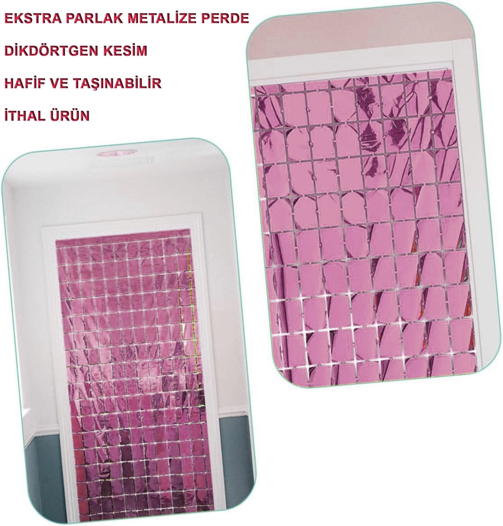 Mey İthalat® Ekstra Metalize Rose Gold Renk Disko Dikdörtgen Kesim Kapı Perdesi Dekorasyon 1x2 Metre