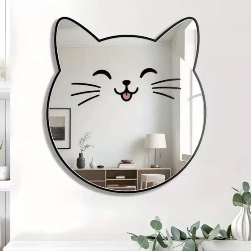Mey İthalat® Kırılmaz Pleksi Gülen Kedi Duvar Aynası - 35x35 cm Çocuk ve Bebek Odası Dekoratif Ayna