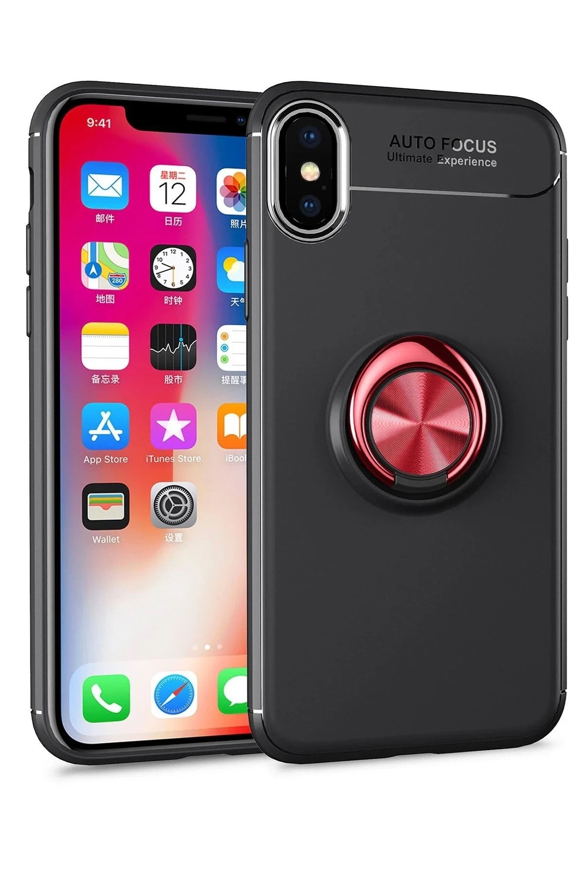 Mey İthalat® iPhone XS Max Kılıf Range Yüzüklü Silikon - Siyah-Kırmızı