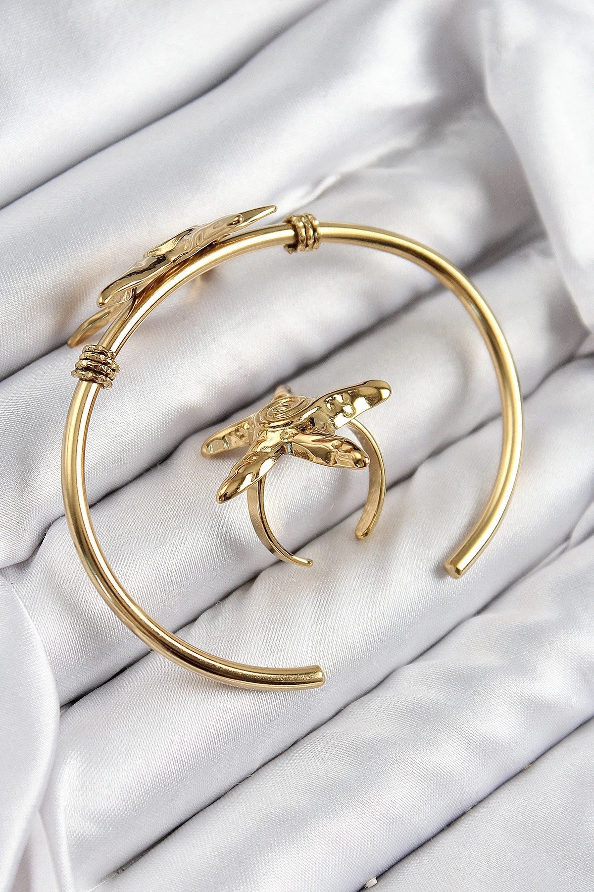 Mey İthalat® Pirinç Deniz Yıldızı Model Gold Renk Bileklik Yüzük Set