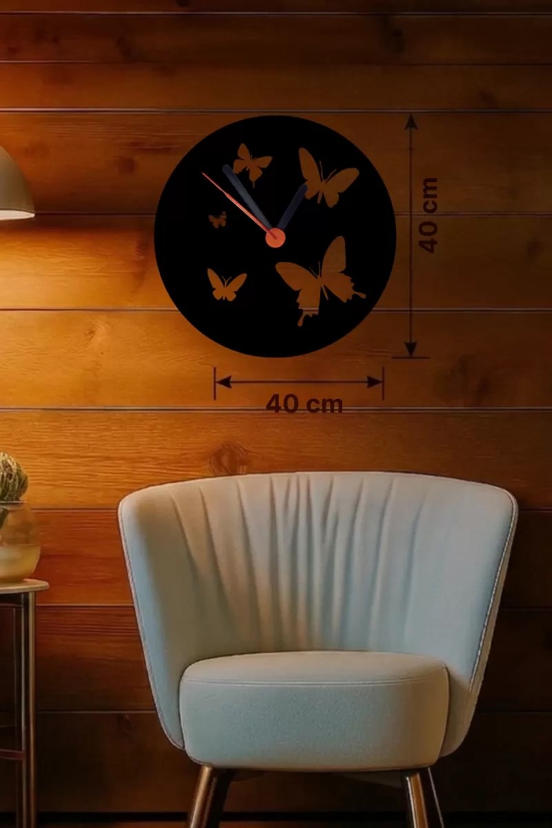 Mey İthalat® Uçuşan Kelebekler Tasarım Ahşap Duvar Saati - 40x40 cm Dekoratif