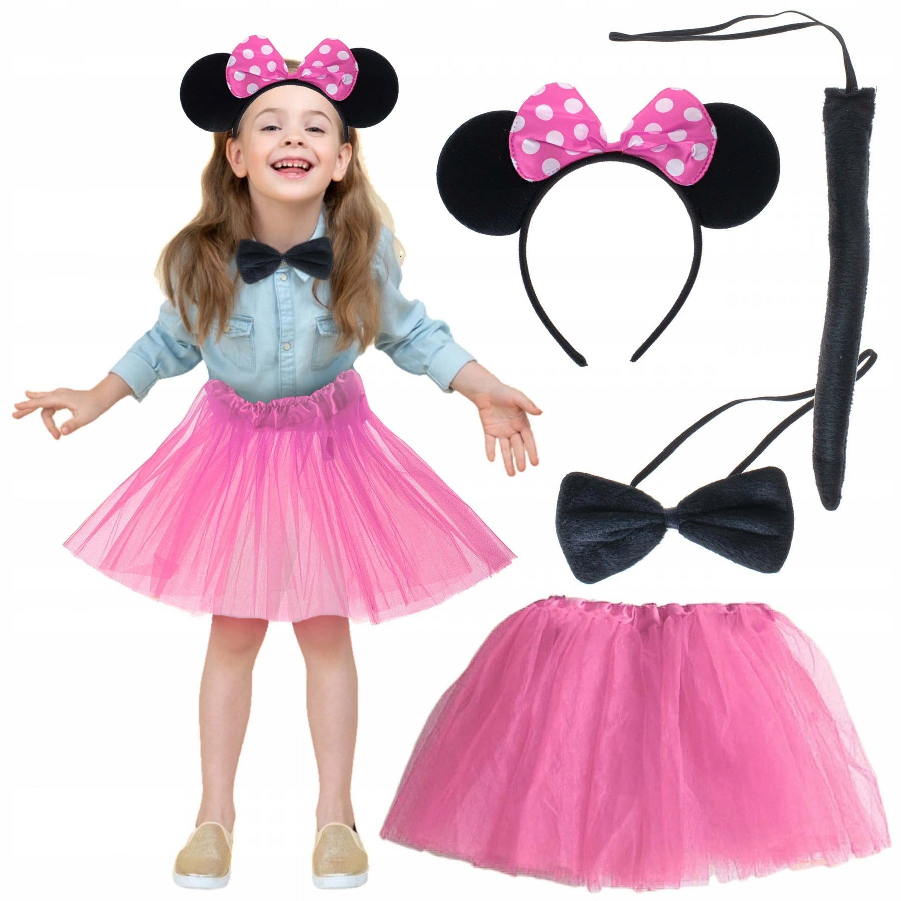 Mey İthalat® Minnie Kostüm Seti (Pembe Tütü Etek + Pembe Taç + Papyon + Kuyruk)
