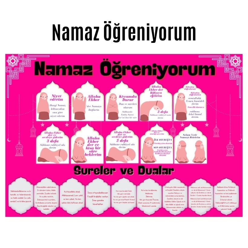 Çocuklar İçin Renkli "namaz Öğreniyorum" Afişi - 33x48 Cm Figürlü Eğitim Materyali Kız