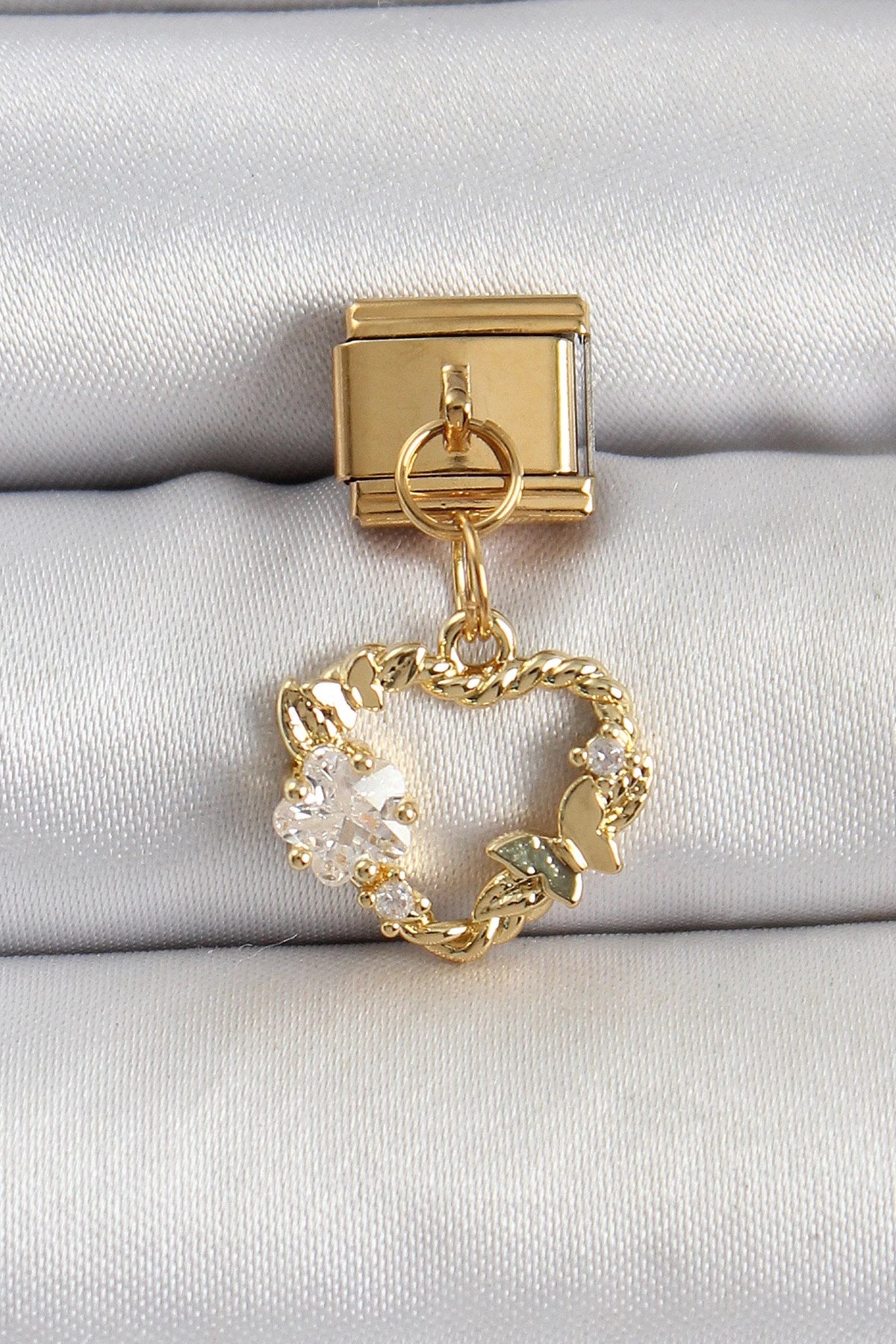 Mey İthalat® 316L Çelik Sallantılı Zirkon Taşlı Kalp Model Gold Renk Nomination Charm