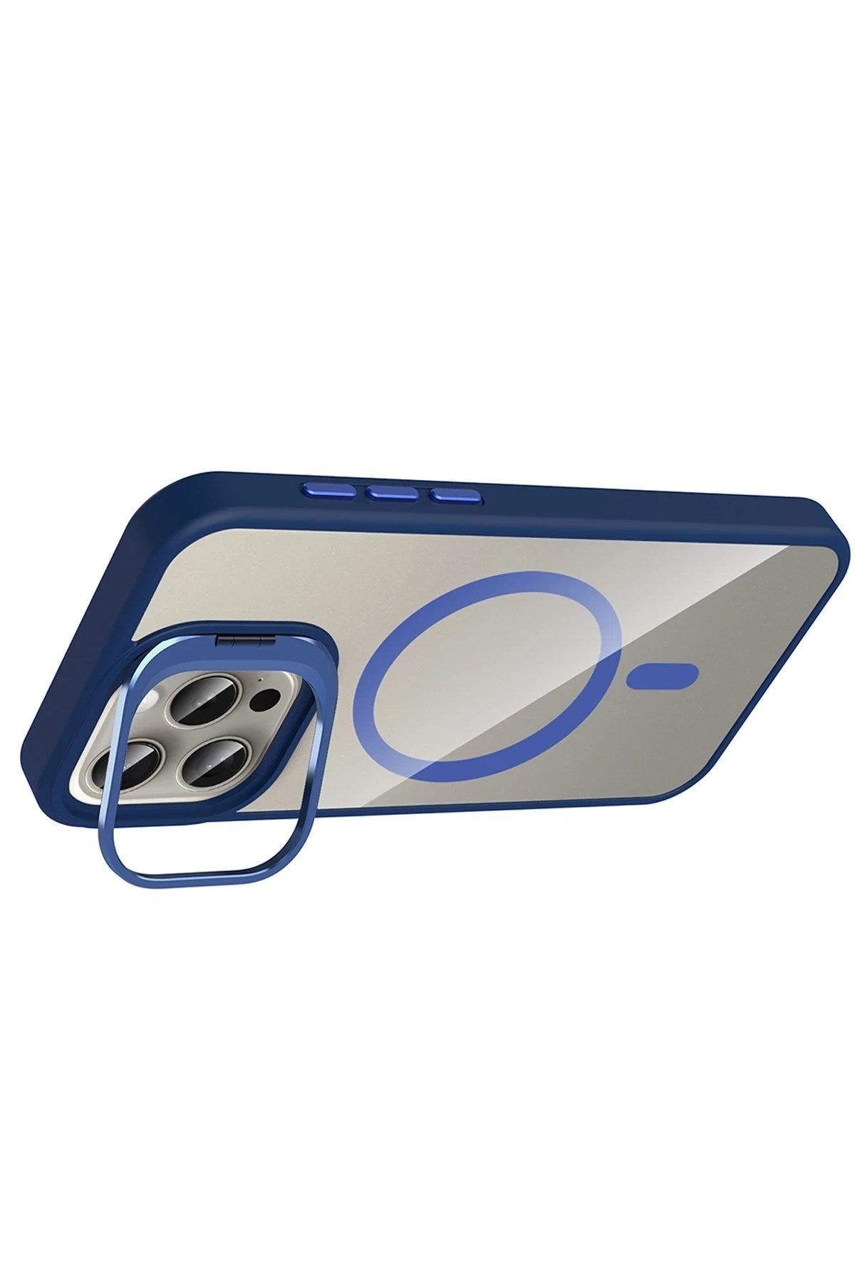 Mey İthalat® iPhone 14 Pro Max Remim Lensli Magsafe Standlı Kapak - Lacivert