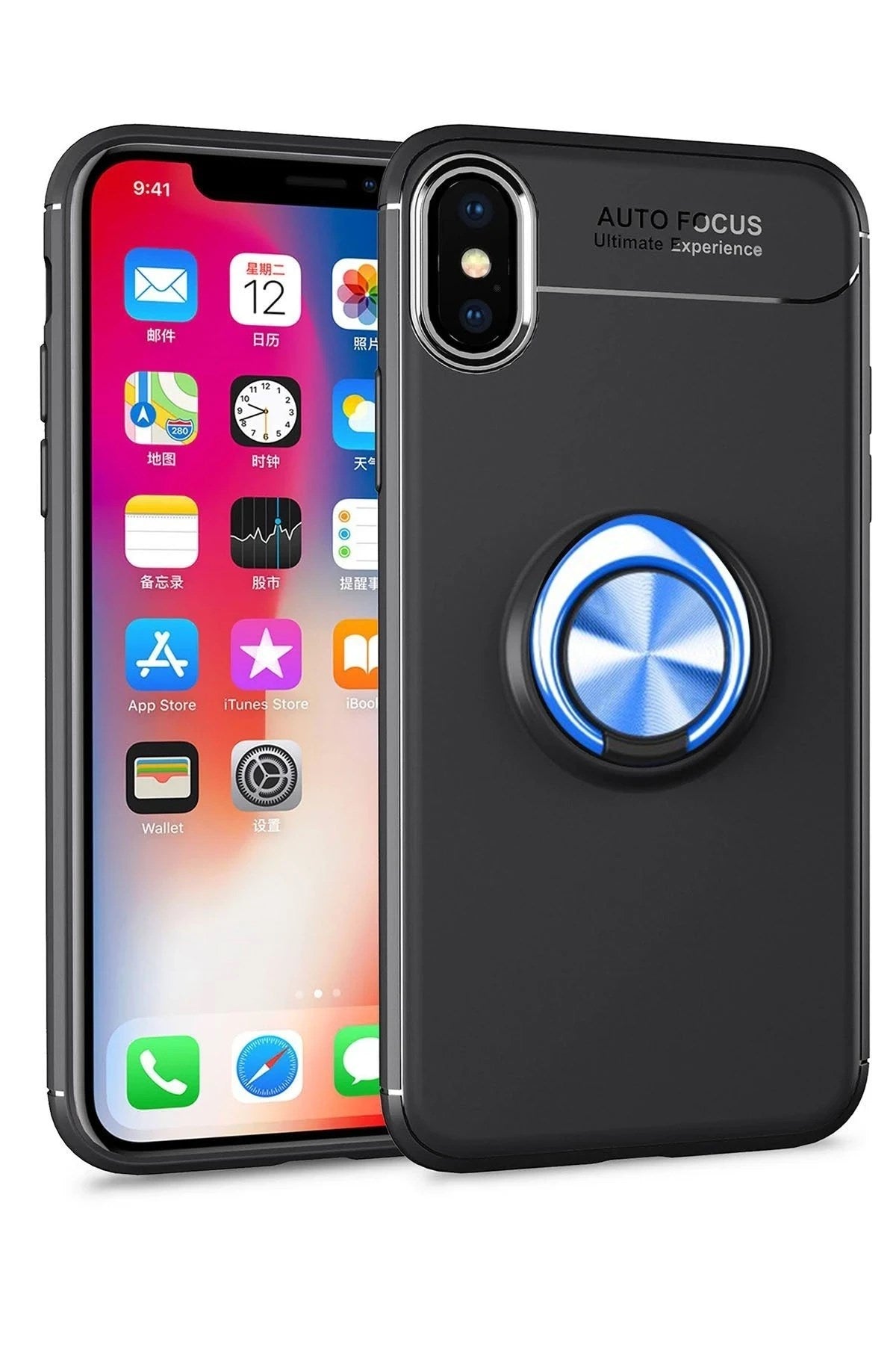 Mey İthalat® iPhone XS Max Kılıf Range Yüzüklü Silikon - Siyah-Mavi