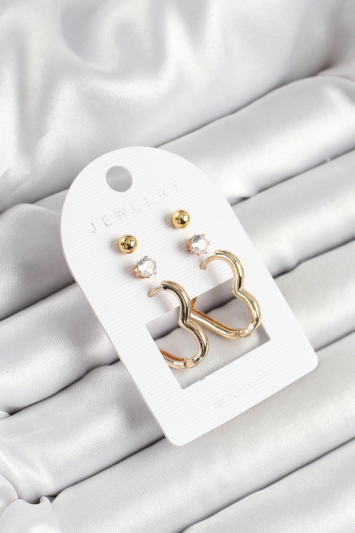 Mey İthalat® Pirinç Zirkon Taş Ve Kalp Figürlü Gold Renk 3'lü Çift Kadın Küpe Set
