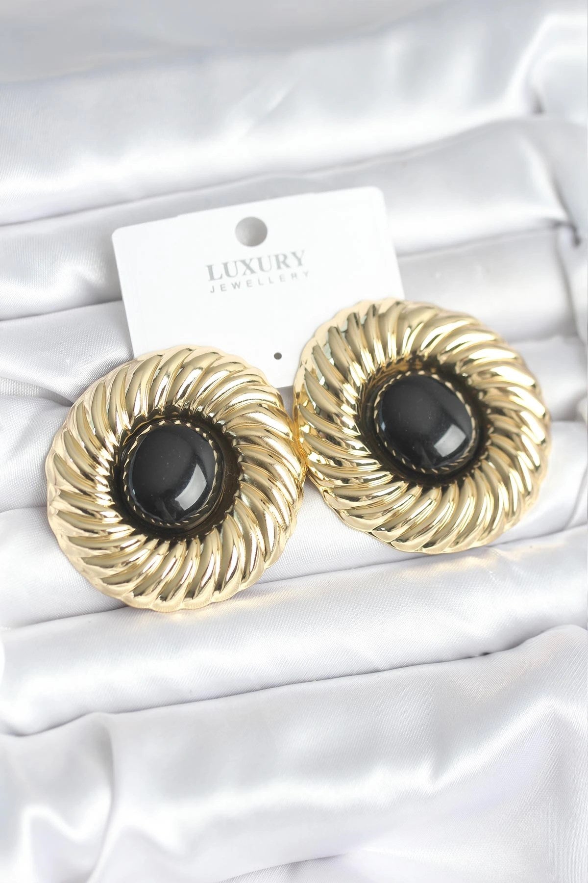 Mey İthalat® Pirinç Gold Renk Siyah Boncuklu Vintage Kadın Küpe