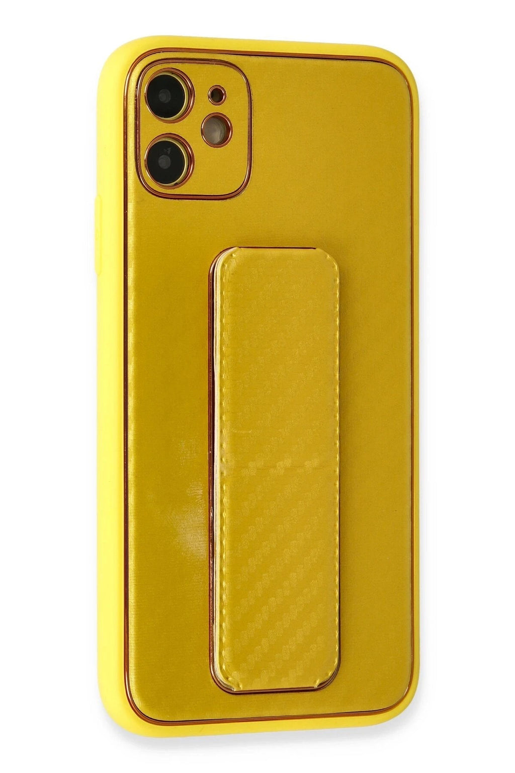 Mey İthalat® iPhone 12 Kılıf Coco Karbon Standlı Kapak - Sarı
