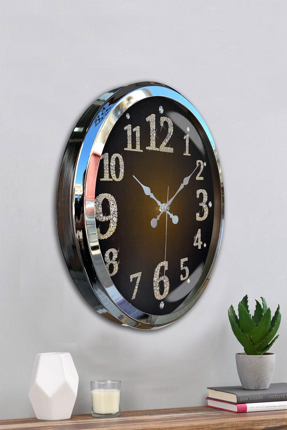 Krom Işıltılı Zaman 52 Cm Metal Duvar Saati