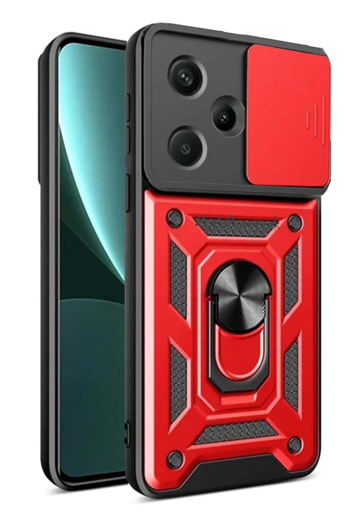 Mey İthalat® Redmi Note 13 Pro Plus Kılıf Pars Lens Yüzüklü Silikon - Kırmızı