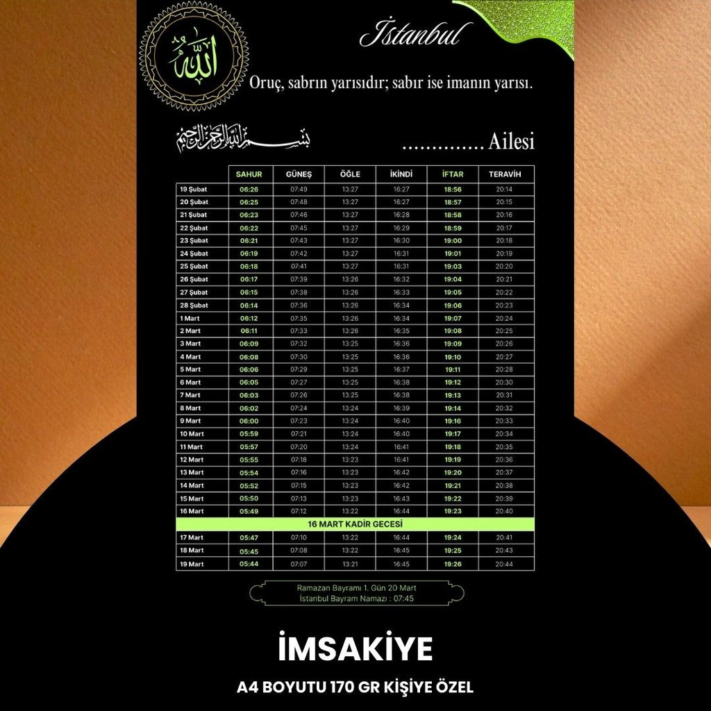 Ramazan İmsakiyesi - 170 Gr - A4 Boyut Kişiye Özel İsimli & Logolu 100 Adet Siyah-yeşil