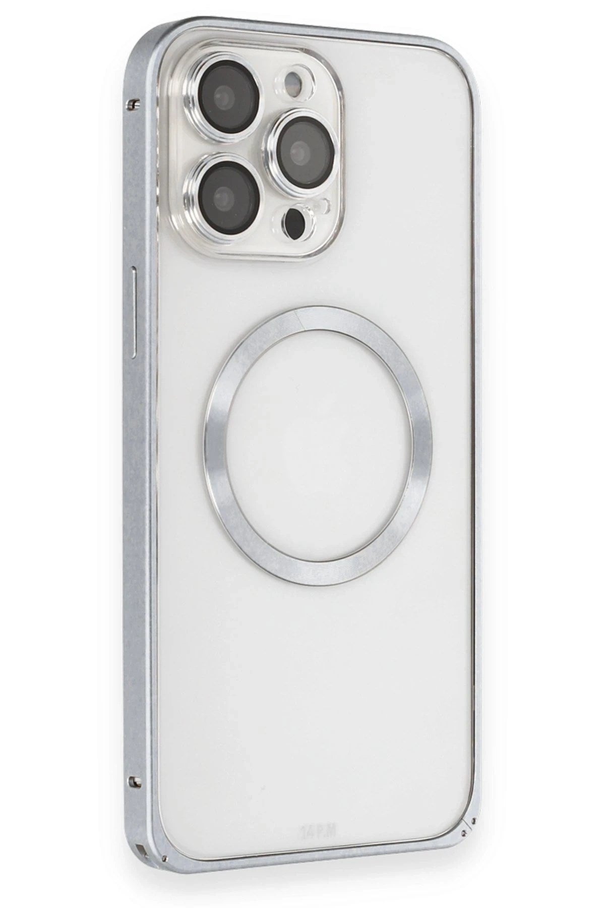 Mey İthalat® iPhone 15 Pro Max Kılıf Metal Bumper Magneticsafe Kapak - Gri