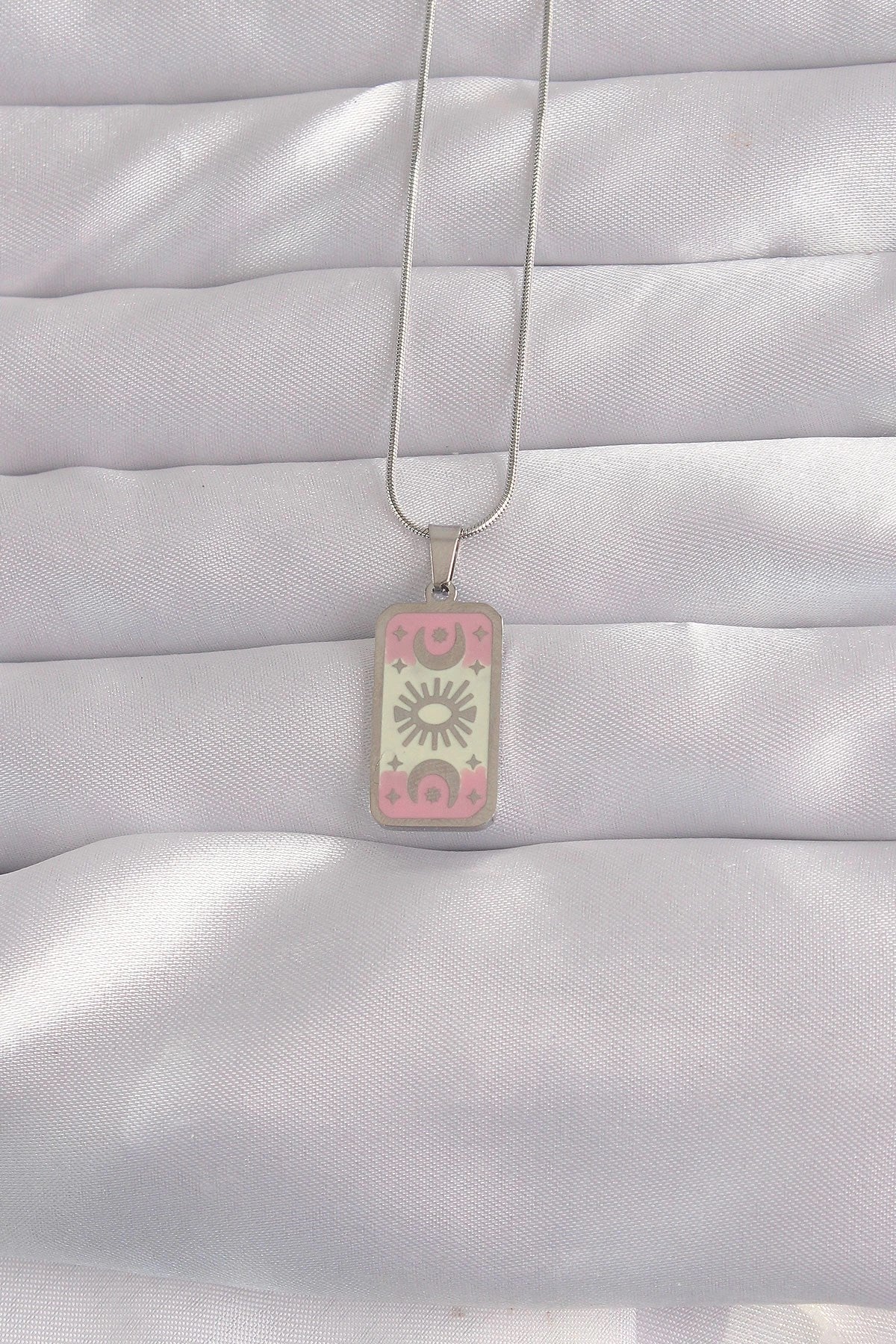 Mey İthalat® 316L Çelik Gümüş Renk Pembe Mineli Ay Figür Tarot Kolye