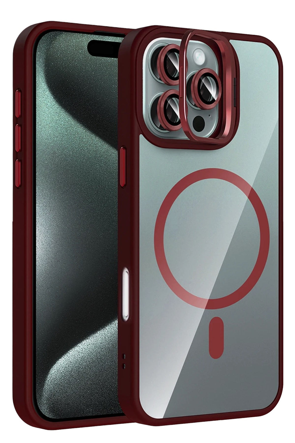 Mey İthalat® iPhone 16 Pro Max Remim Lensli Magsafe Standlı Kapak - Bordo