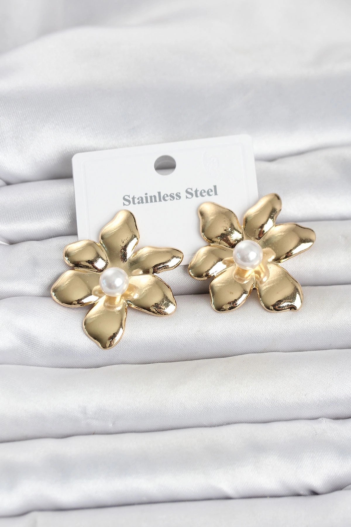 Mey İthalat® 316L Çelik Gold Renk İncili Lotus Model Kadın Küpe