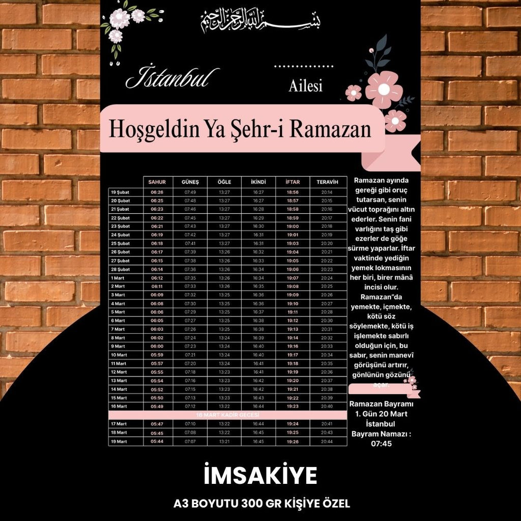 Ramazan İmsakiyesi - 300 Gr - A3 Boyut Kişiye Özel İsimli & Logolu 1 Adet Pembe