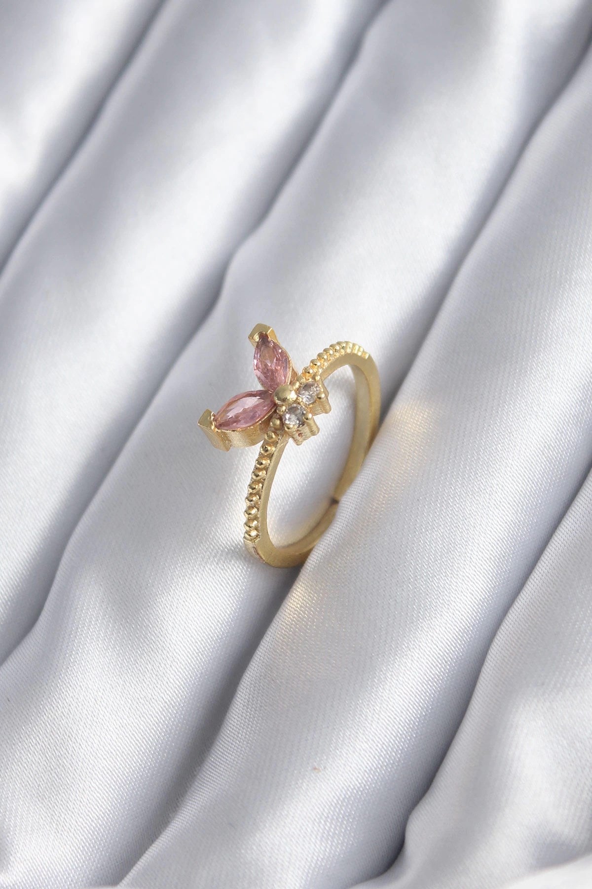 Mey İthalat® Gold Renk Pembe Zirkon Taşlı Kelebek Model Kadın Yüzük