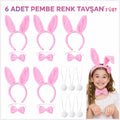Mey İthalat® Full Pembe Renk Tavşan Sahne Seti 6&amp;#39;lı Set Taç Papyon Kuyruk