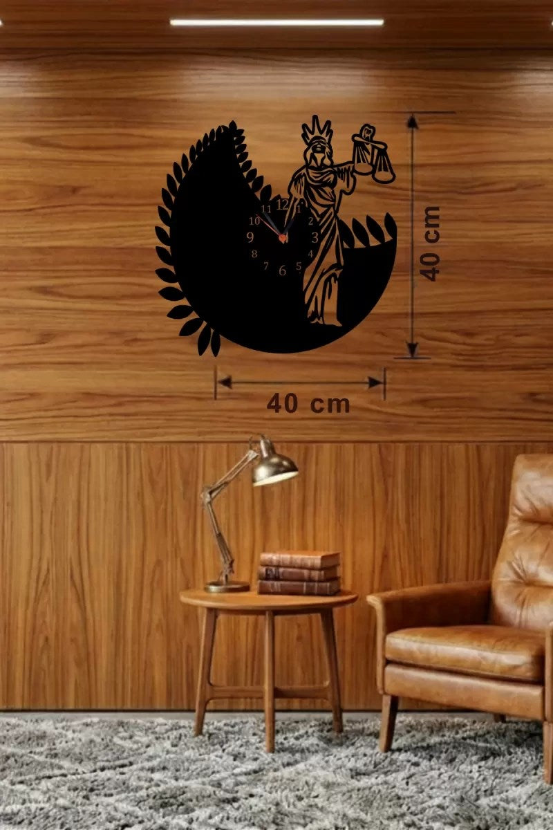 Mey İthalat® Adalet Tanrıçası Themis Tasarım Ahşap Duvar Saati - 40x40 cm Avukat Hediyesi