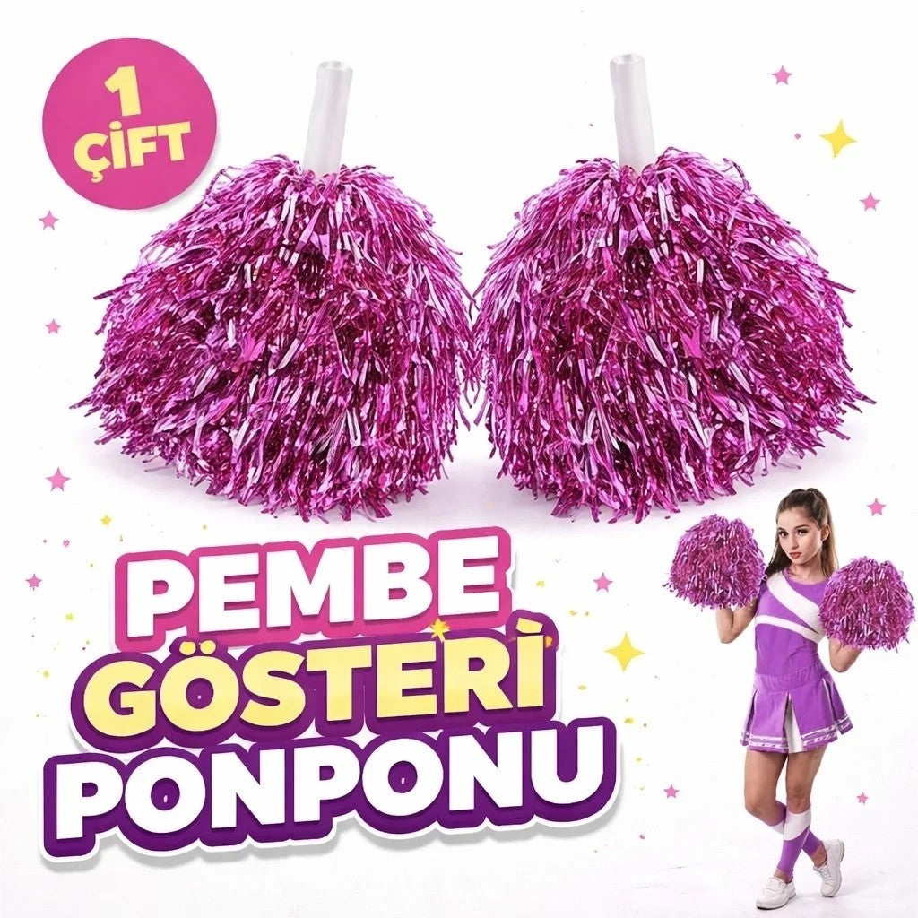 Pembe Gösteri Ponponu 1 Çift (2 Adet) - 23 Nisan ve Okul Etkinlikleri İçin Pembe Ponpon