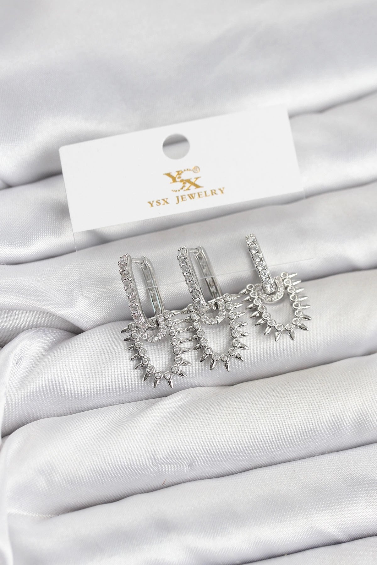 Mey İthalat® Pirinç Gümüş Renk Zirkon Taşlı Vintage Model YSX Trio Küpe Seti